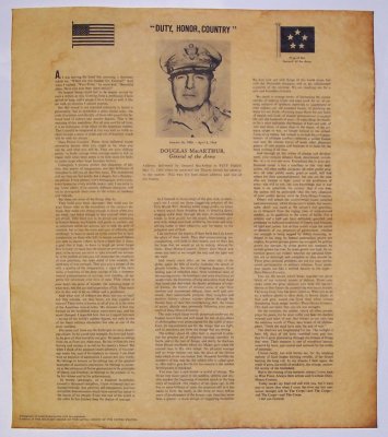 Duty, Honor, Country antiqued parchment replica document